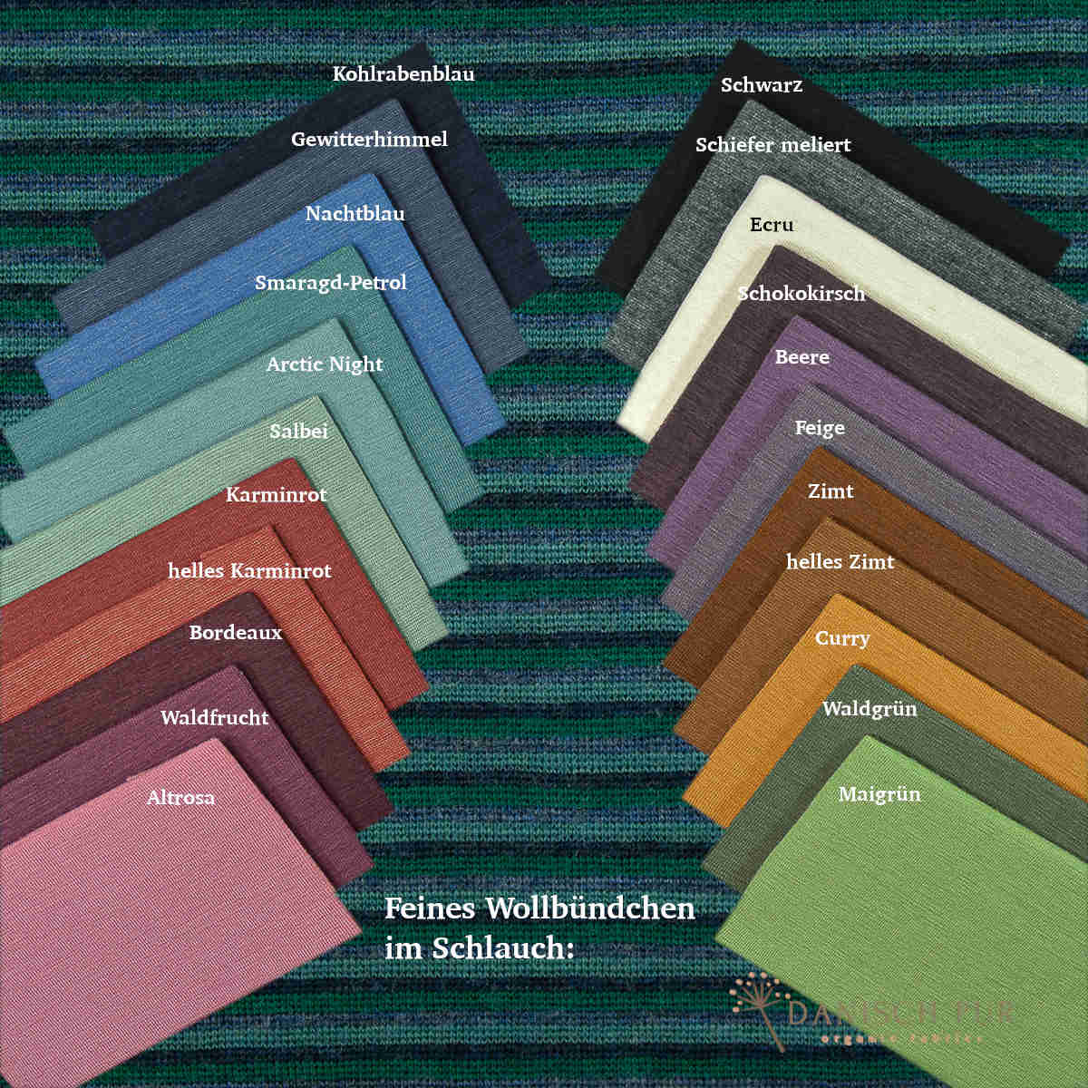 Feines Bio Wollbündchen Ringelbündchen Kohlrabenblau-Opalgrün-Lagoblau (kbt, mulesingfrei) im Schlauch