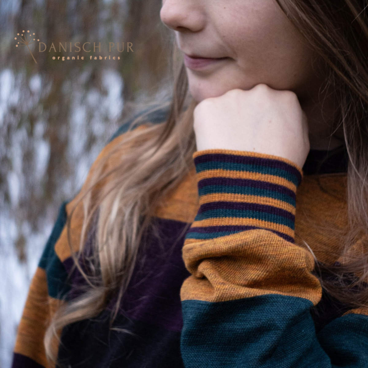 Coupon 120cm Bio Wolljersey Blockstreifen Jacquard Aubergine-Gold-Petrol meliert (100% Schurwolle, Merino, kbt, mulesingfrei)