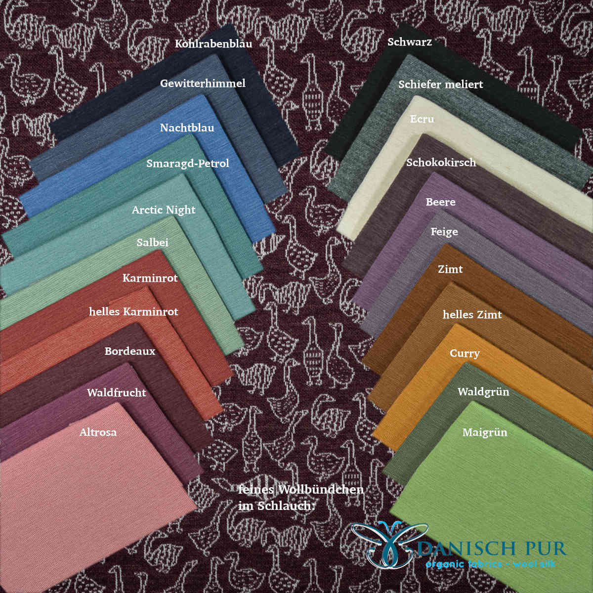 Bio Wolljersey Jacquard Gänse auf Schokokirsch meliert (Merino, kbt, mulesingfrei)