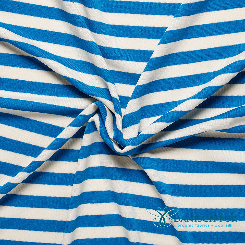 Organic wool jersey block stripes cobalt blue white (merino