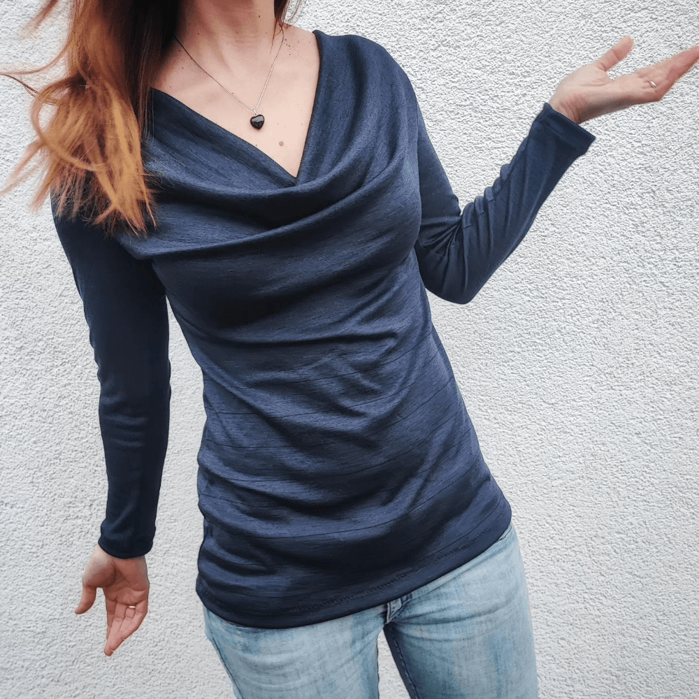 Schnittmuster Wasserfalllangarmshirt / Kleid "Zazu" für Webware XS-XL, t-design, inkl. Beamerdatei