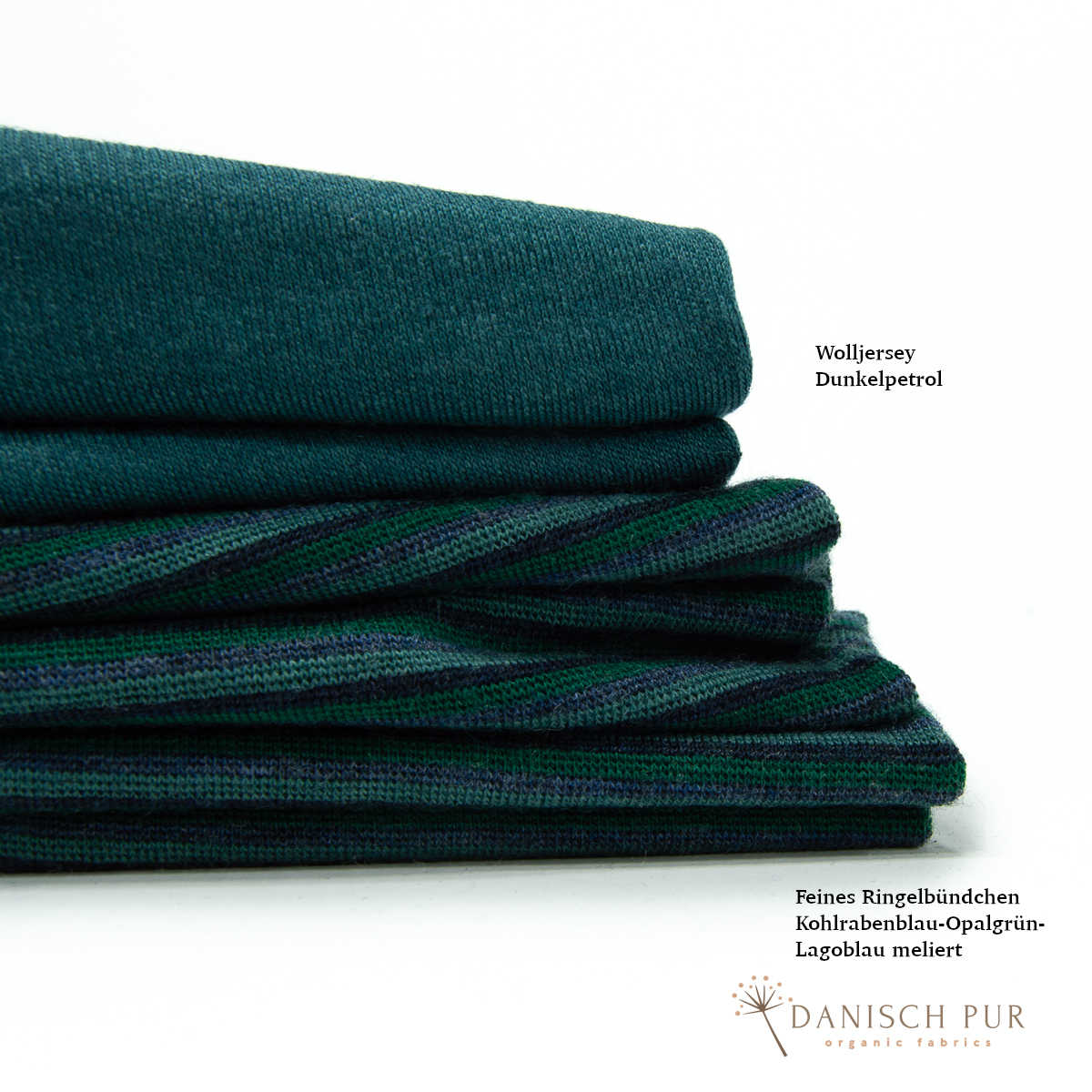 Feines Bio Wollbündchen Ringelbündchen Kohlrabenblau-Opalgrün-Lagoblau (kbt, mulesingfrei) im Schlauch