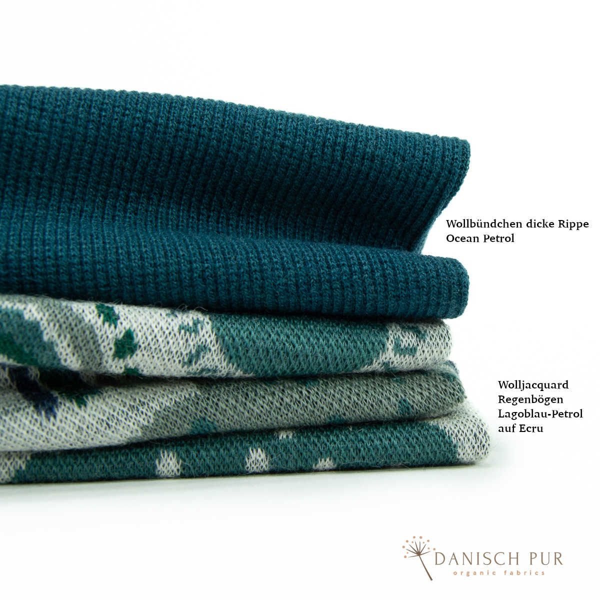 Feines Bio Wollbündchen Ringelbündchen Kohlrabenblau-Opalgrün-Lagoblau (kbt, mulesingfrei) im Schlauch