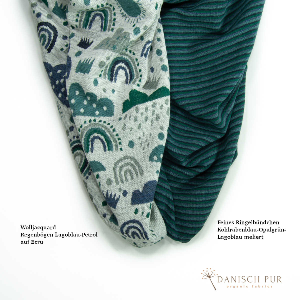 Feines Bio Wollbündchen Ringelbündchen Kohlrabenblau-Opalgrün-Lagoblau (kbt, mulesingfrei) im Schlauch