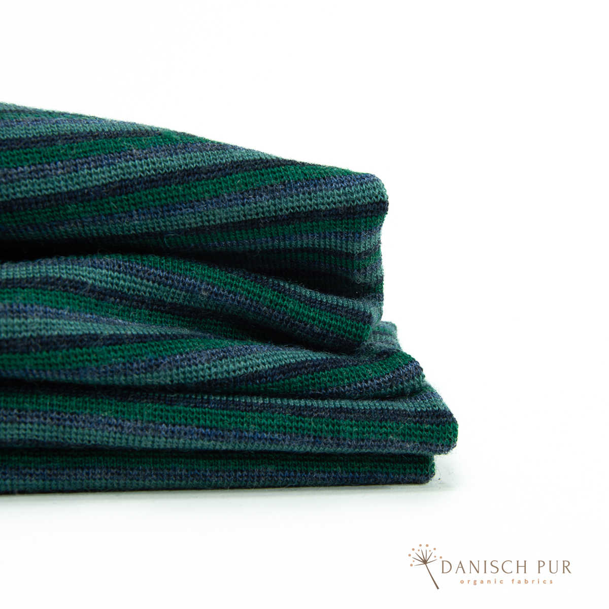 Feines Bio Wollbündchen Ringelbündchen Kohlrabenblau-Opalgrün-Lagoblau (kbt, mulesingfrei) im Schlauch