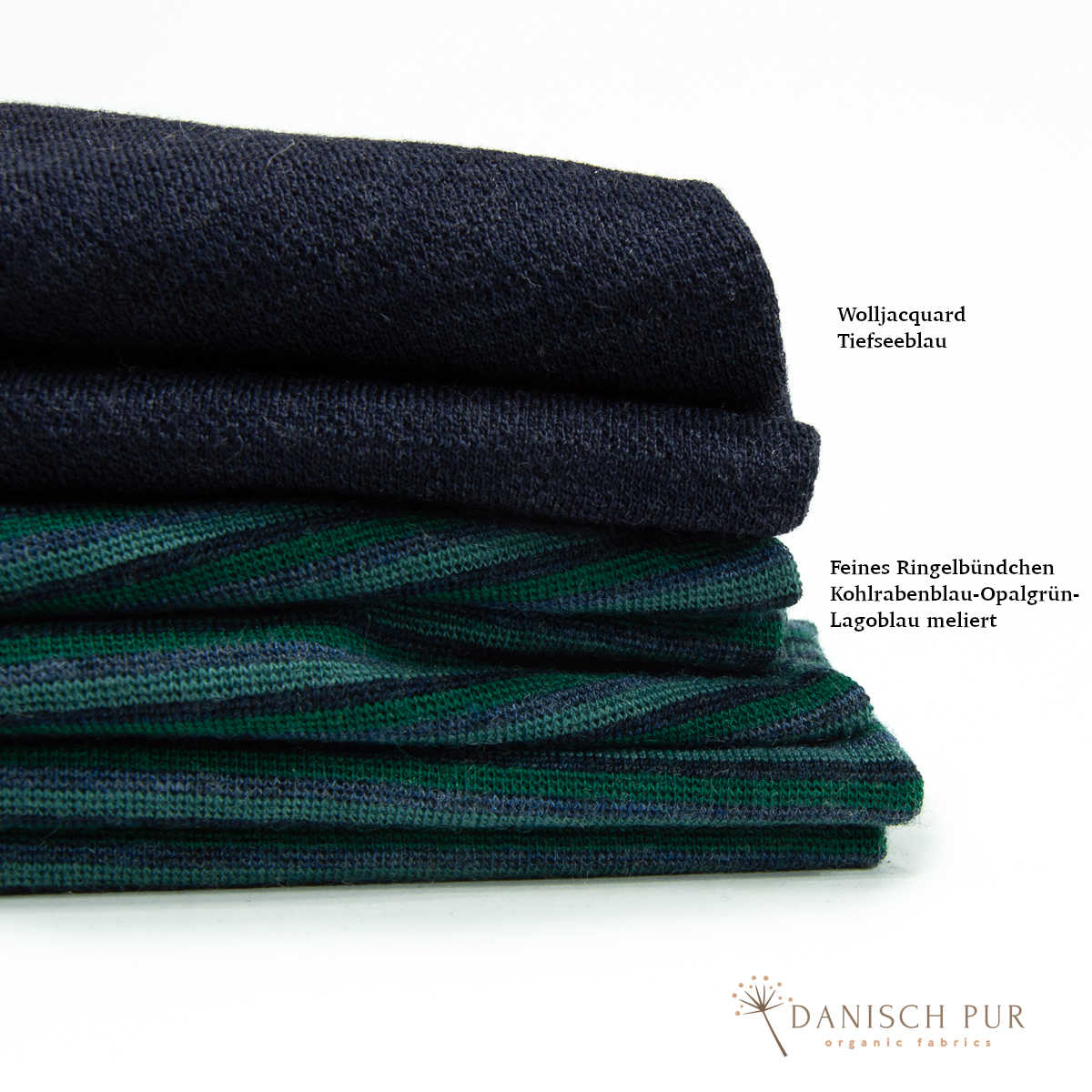 Feines Bio Wollbündchen Ringelbündchen Kohlrabenblau-Opalgrün-Lagoblau (kbt, mulesingfrei) im Schlauch