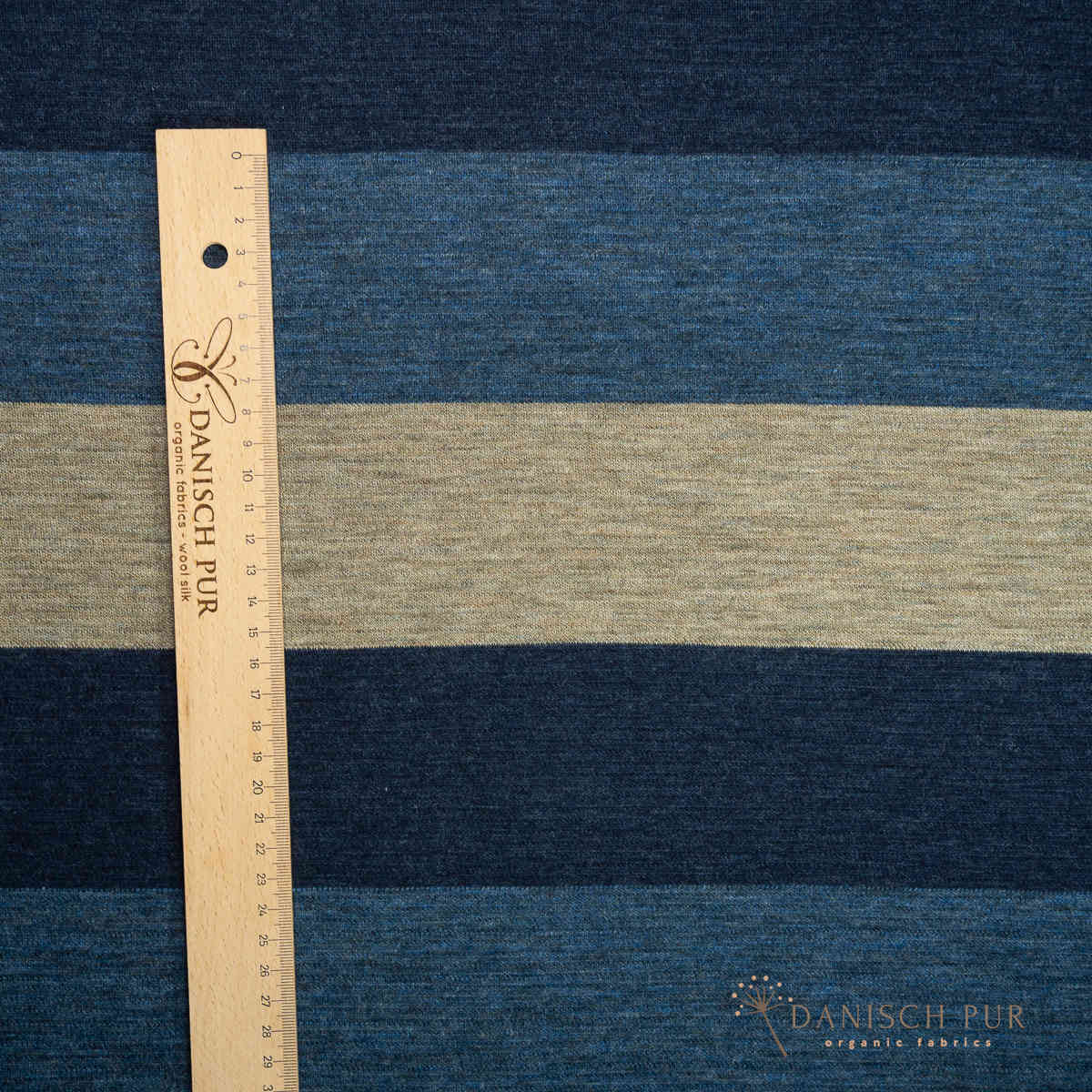 Bio Wolljersey Blockstreifen Jacquard Tiefsee-Lagoblau-Taupe meliert (100% Schurwolle, Merino, kbt, mulesingfrei)