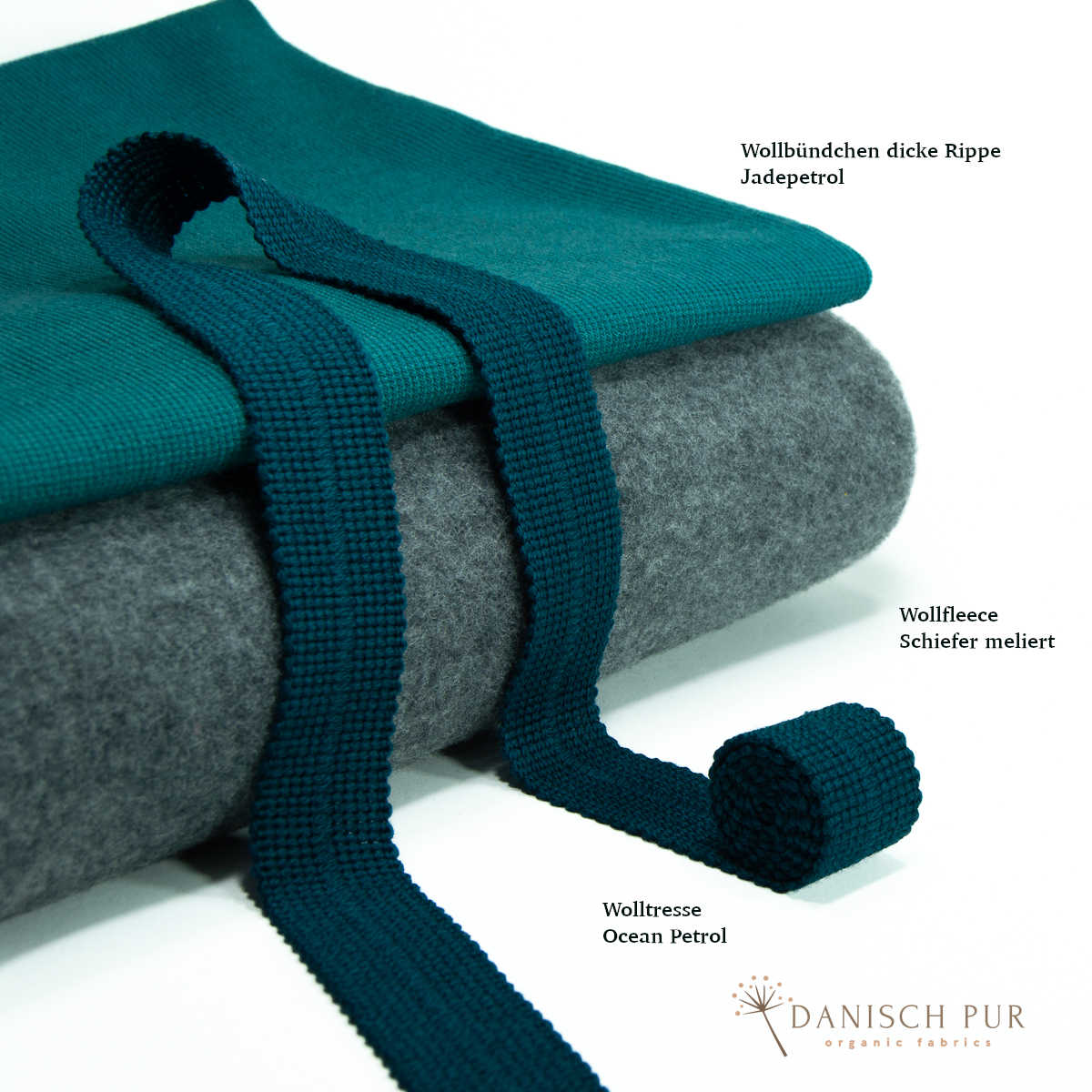 Bio Wollbündchen JadePetrol (kbt, mulesingfrei) Rippe im Schlauch