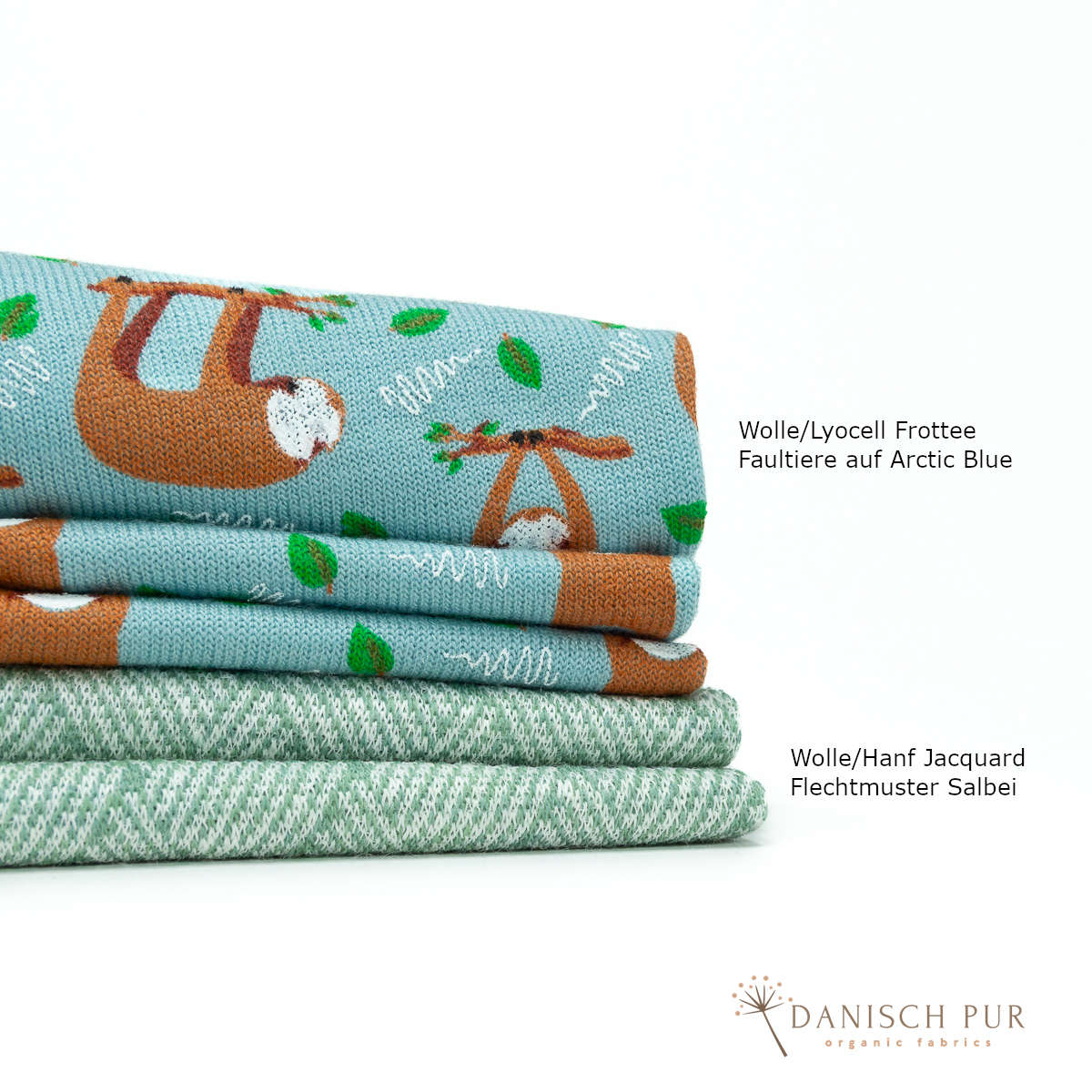 Bio Wolle/Lyocell Frottee Faultiere auf Arctic Blue (70% Schurwolle (Merino, kbt, mulesingfrei), 30% TENCEL™ Lyocell)