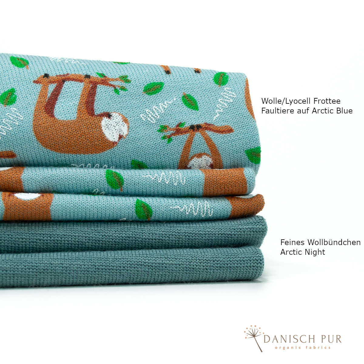Bio Wolle/Lyocell Frottee Faultiere auf Arctic Blue (70% Schurwolle (Merino, kbt, mulesingfrei), 30% TENCEL™ Lyocell)
