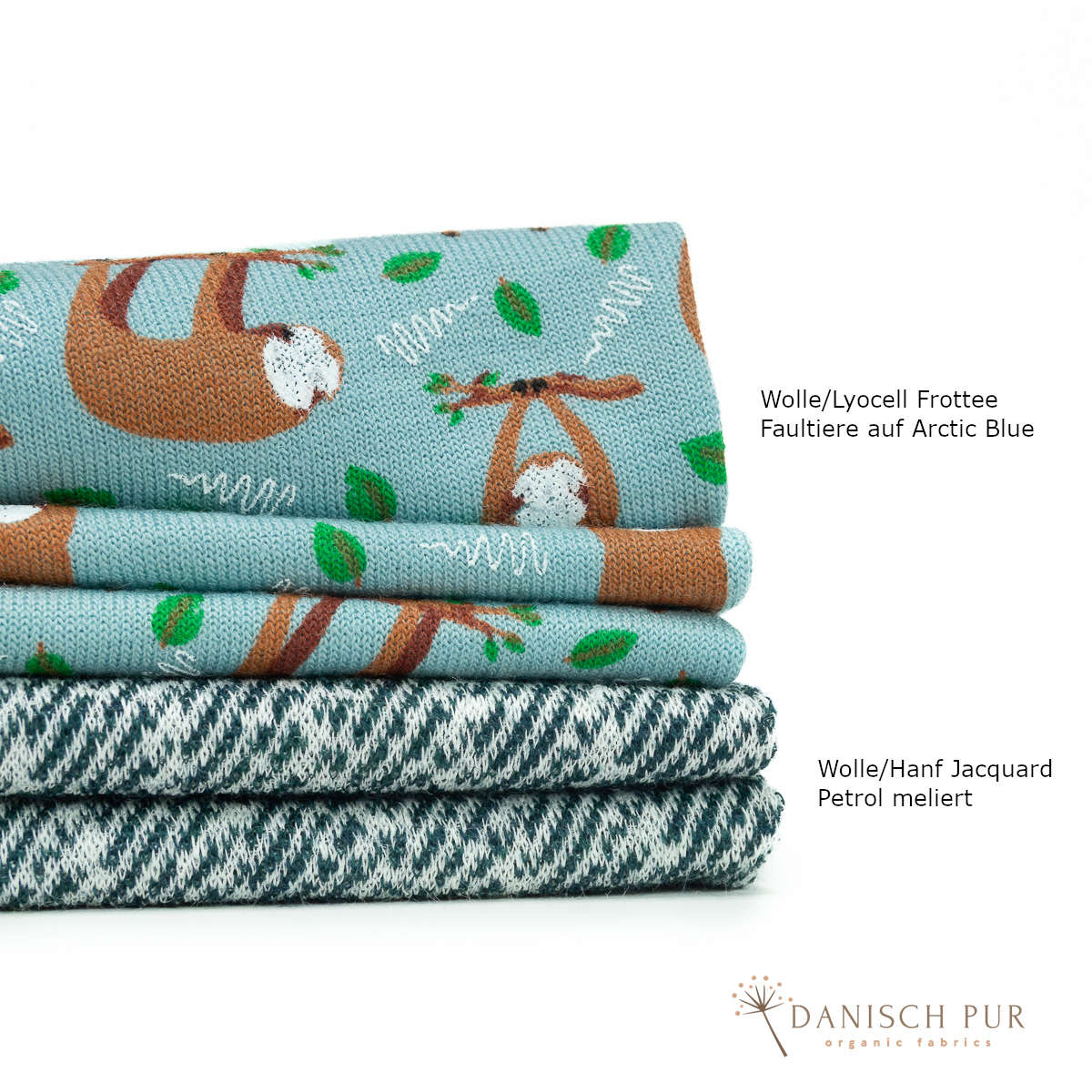 Bio Wolle/Lyocell Frottee Faultiere auf Arctic Blue (70% Schurwolle (Merino, kbt, mulesingfrei), 30% TENCEL™ Lyocell)