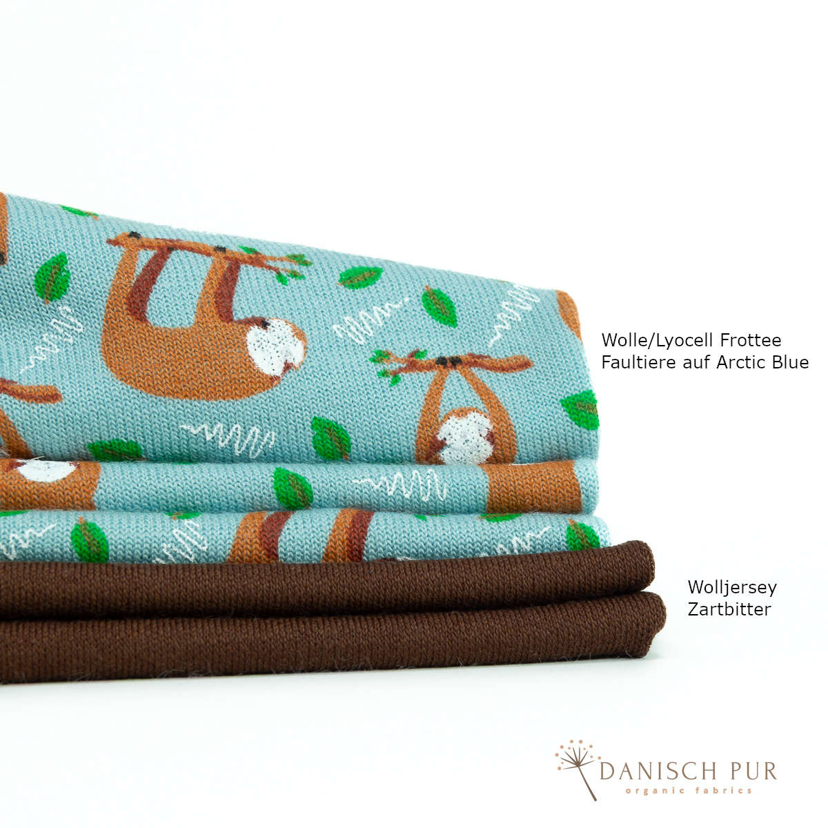 Bio Wolle/Lyocell Frottee Faultiere auf Arctic Blue (70% Schurwolle (Merino, kbt, mulesingfrei), 30% TENCEL™ Lyocell)