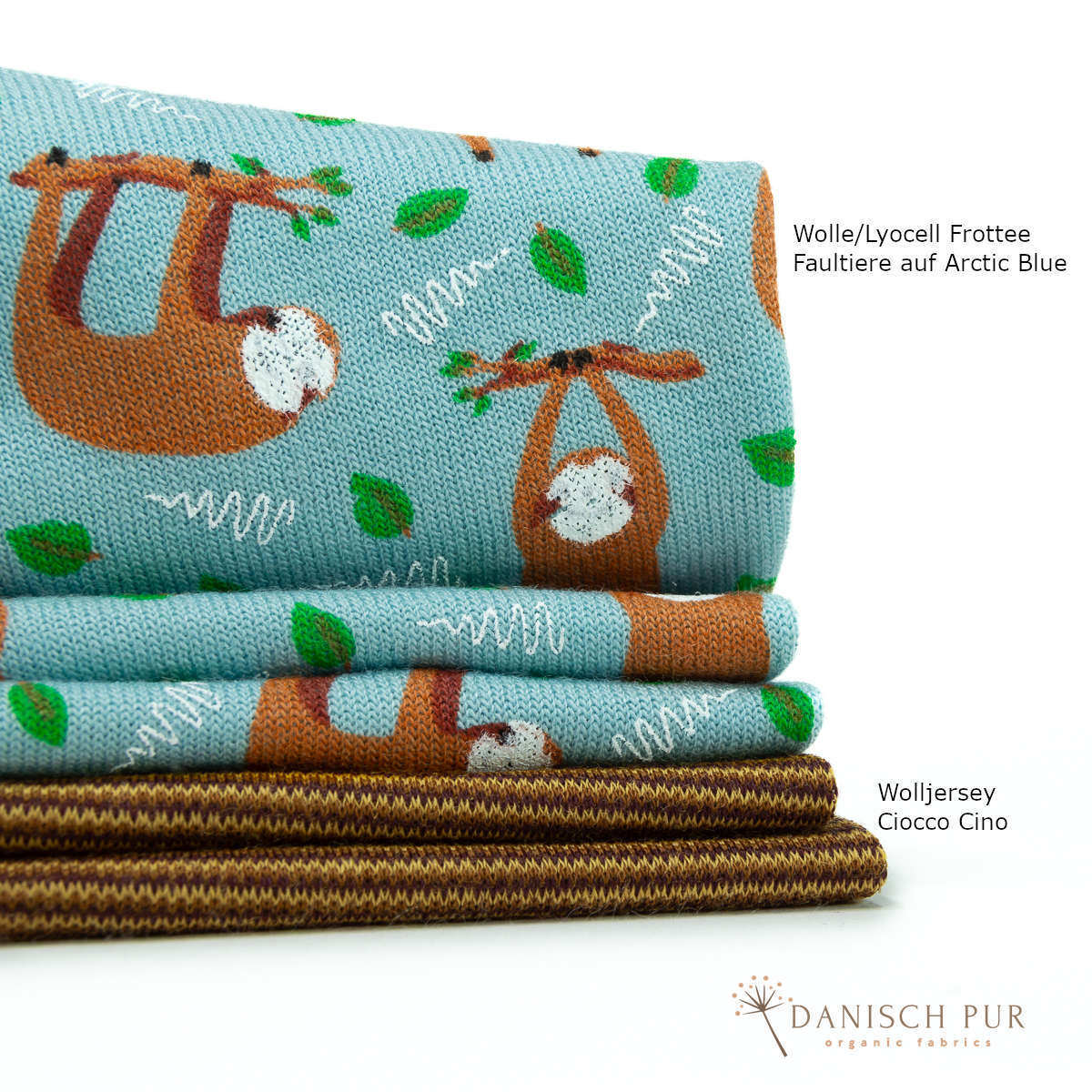 Bio Wolle/Lyocell Frottee Faultiere auf Arctic Blue (70% Schurwolle (Merino, kbt, mulesingfrei), 30% TENCEL™ Lyocell)