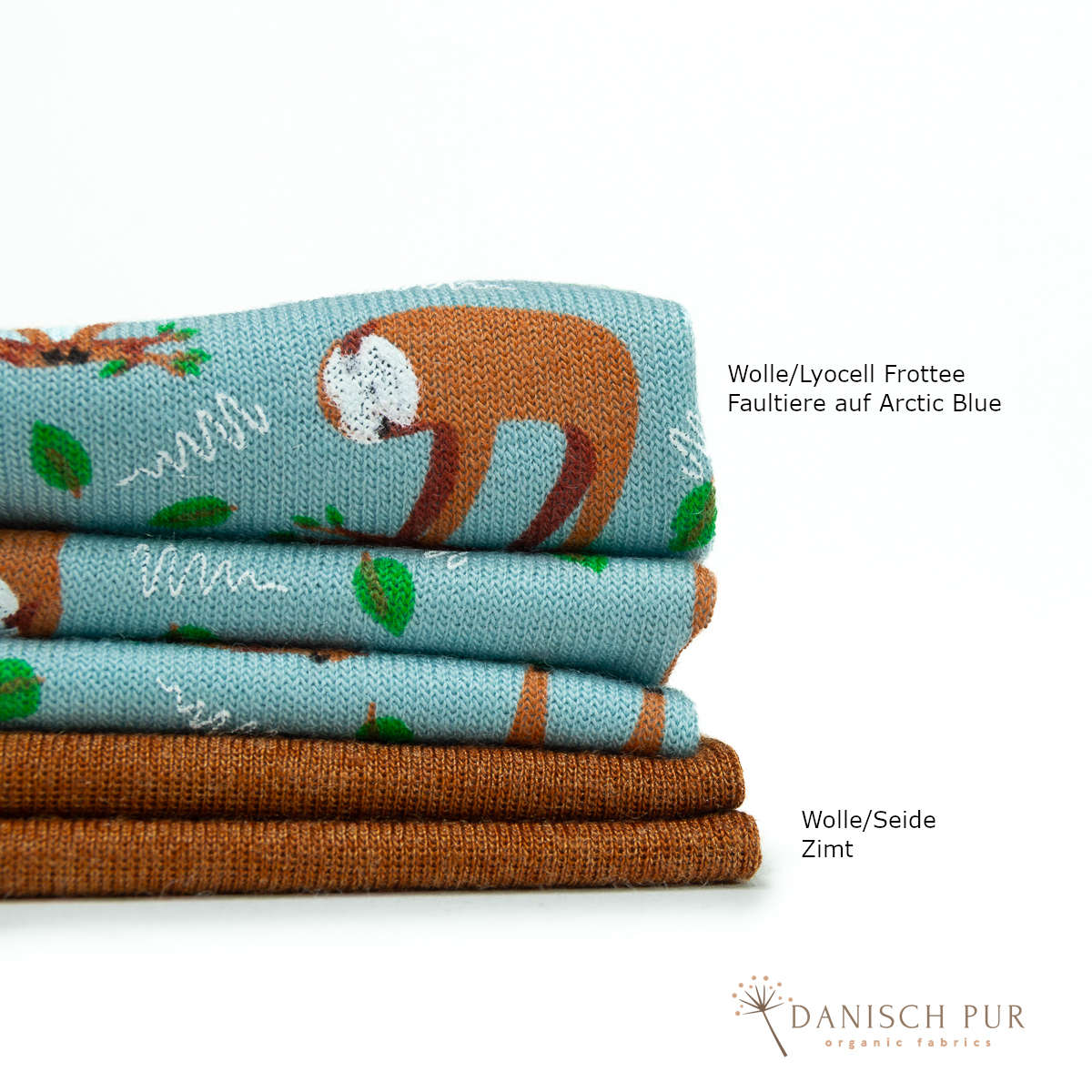 Bio Wolle/Lyocell Frottee Faultiere auf Arctic Blue (70% Schurwolle (Merino, kbt, mulesingfrei), 30% TENCEL™ Lyocell)