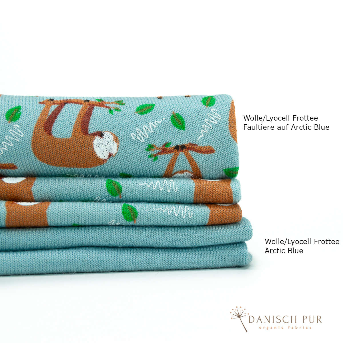 Bio Wolle/Lyocell Frottee Faultiere auf Arctic Blue (70% Schurwolle (Merino, kbt, mulesingfrei), 30% TENCEL™ Lyocell)