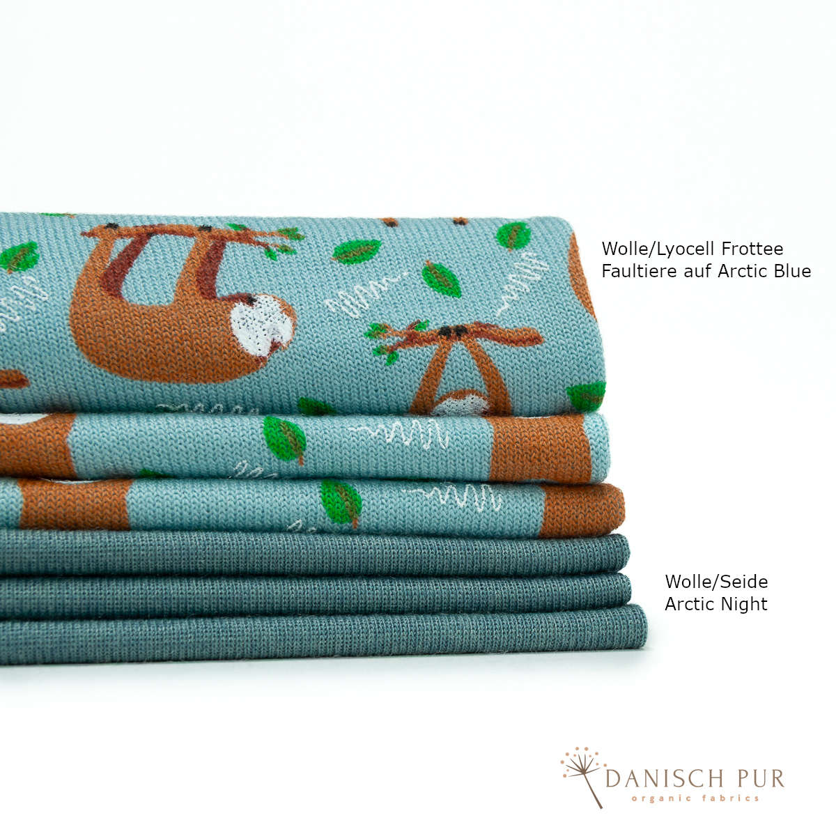 Bio Wolle/Lyocell Frottee Faultiere auf Arctic Blue (70% Schurwolle (Merino, kbt, mulesingfrei), 30% TENCEL™ Lyocell)