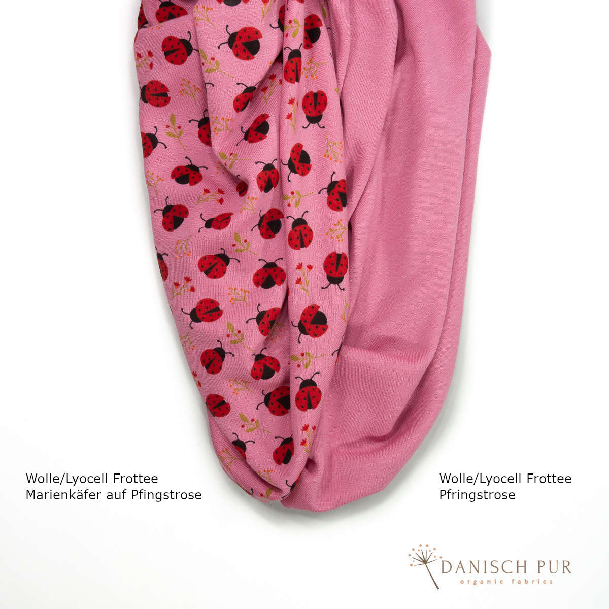 Bio Wolle/Lyocell Frottee Marienkäfer auf Pfingstrose (70% Schurwolle (Merino, kbt, mulesingfrei), 30% TENCEL™ Lyocell)