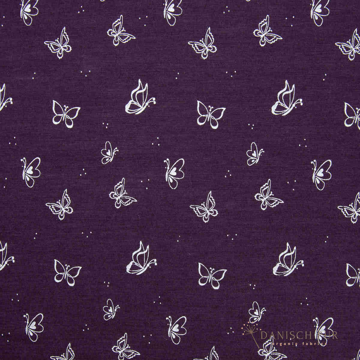 Singlejersey Bio Wolle Seide Schmetterlinge auf Aubergine (70% Schurwolle Merino, kbt, mulesingfrei, 30% Seide)
