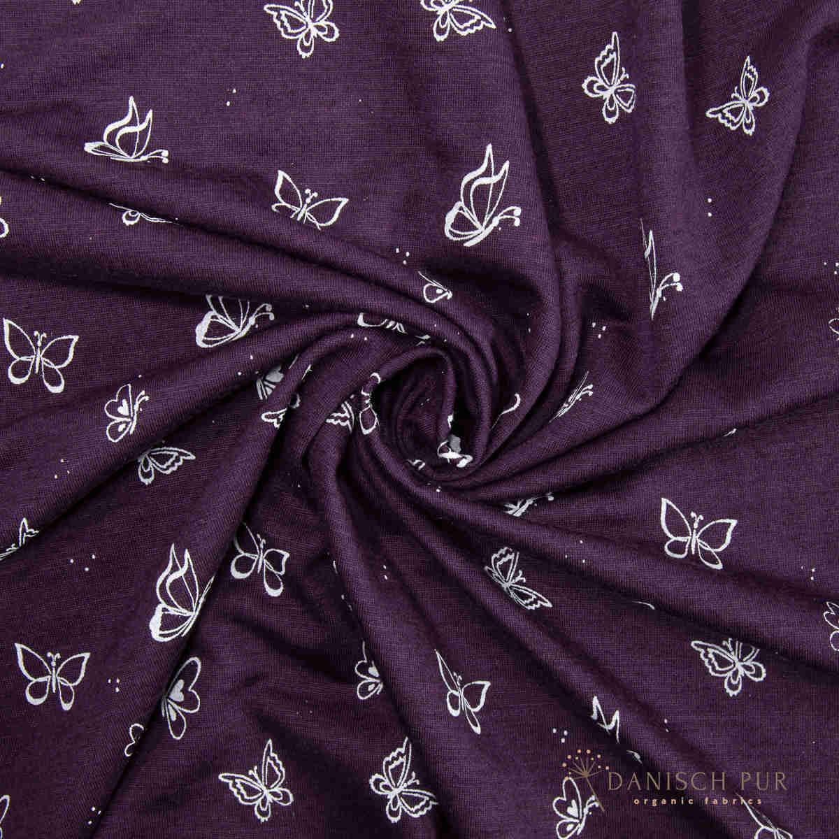 Singlejersey Bio Wolle Seide Schmetterlinge auf Aubergine (70% Schurwolle Merino, kbt, mulesingfrei, 30% Seide)