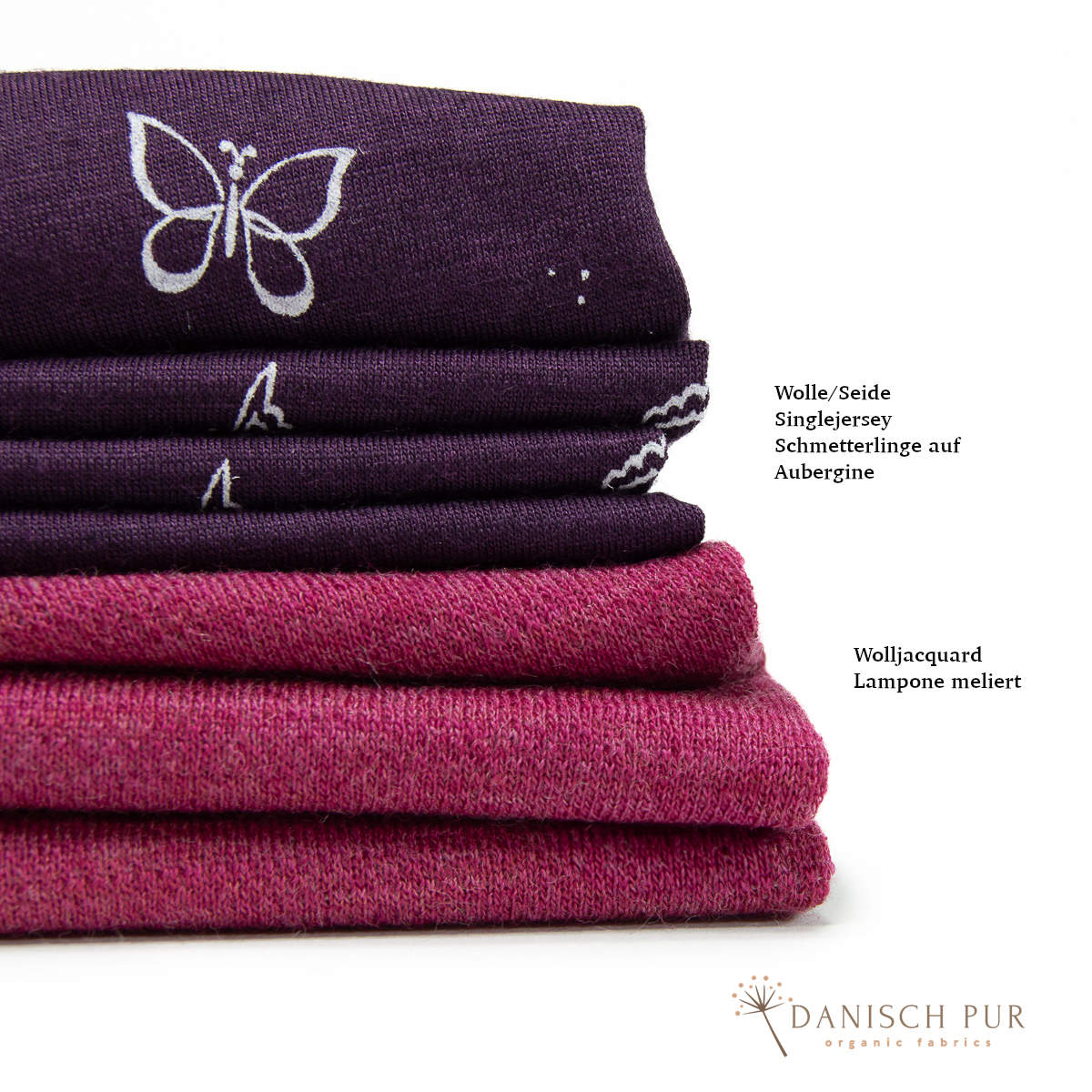 Singlejersey Bio Wolle Seide Schmetterlinge auf Aubergine (70% Schurwolle Merino, kbt, mulesingfrei, 30% Seide)