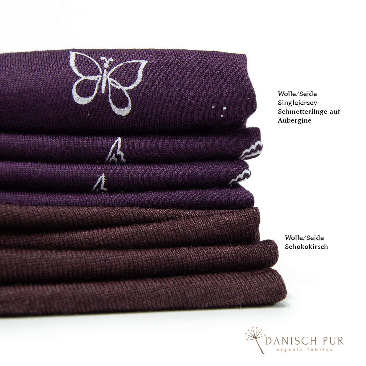 Singlejersey Bio Wolle Seide Schmetterlinge auf Aubergine (70% Schurwolle Merino, kbt, mulesingfrei, 30% Seide)