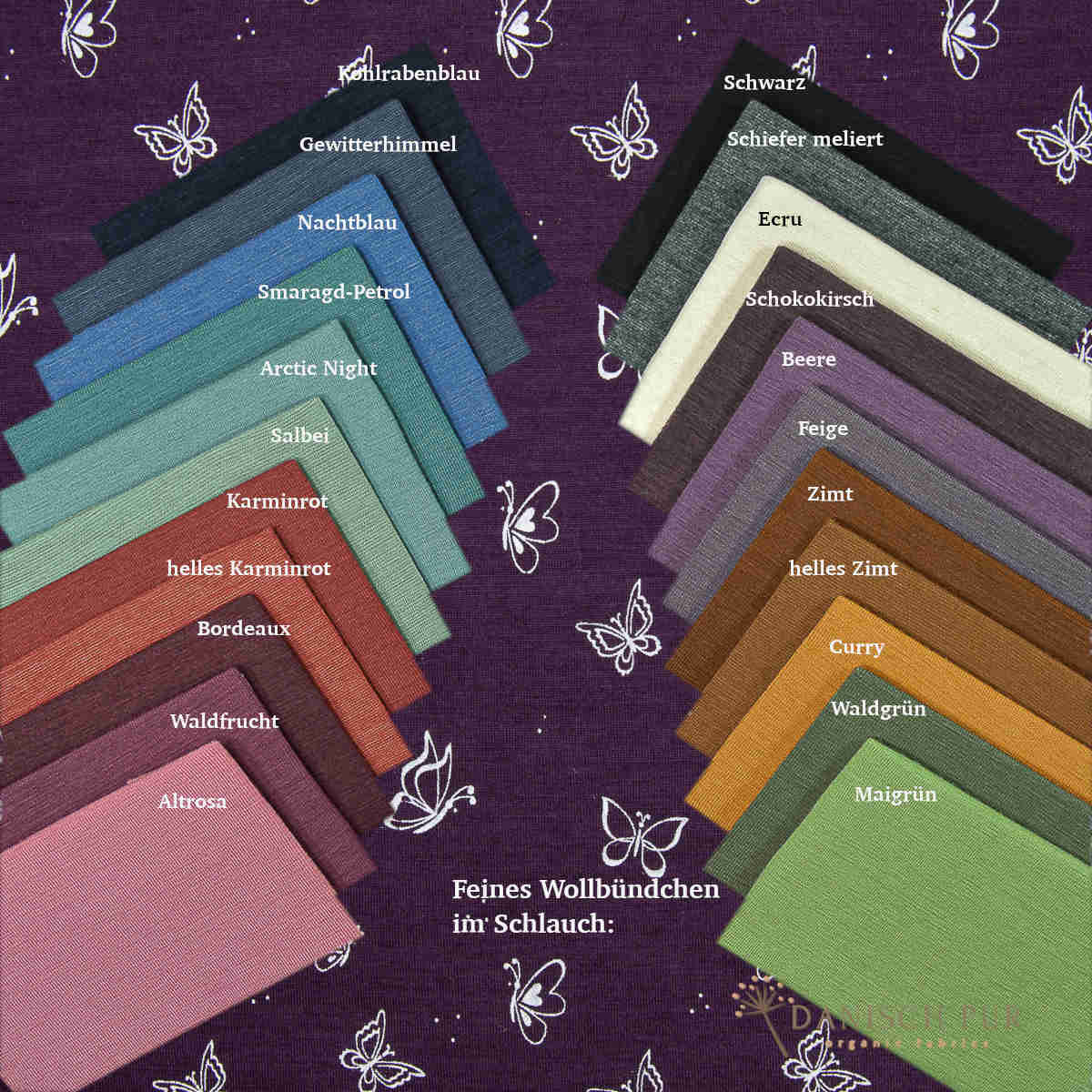 Singlejersey Bio Wolle Seide Schmetterlinge auf Aubergine (70% Schurwolle Merino, kbt, mulesingfrei, 30% Seide)
