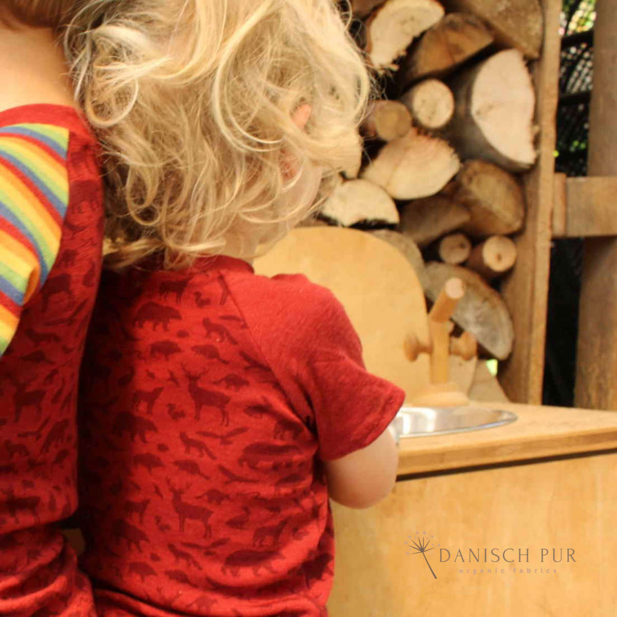 Organic wool silk forest animals on crimson (kbt, mulesing free)
