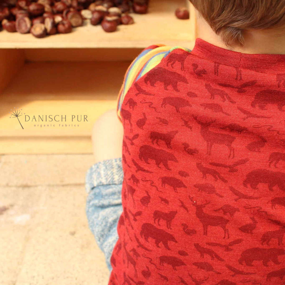 Organic wool silk forest animals on crimson (kbt, mulesing free)