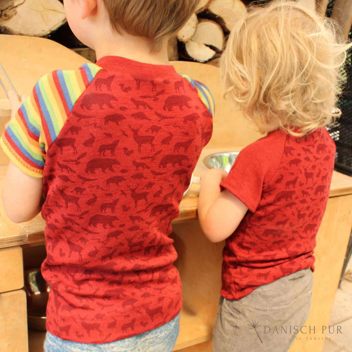 Organic wool silk forest animals on crimson (kbt, mulesing free)