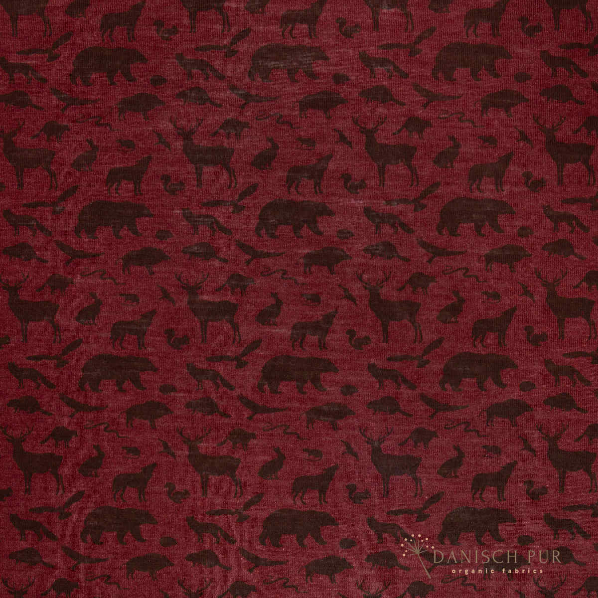 Organic wool silk forest animals on crimson (kbt, mulesing free)