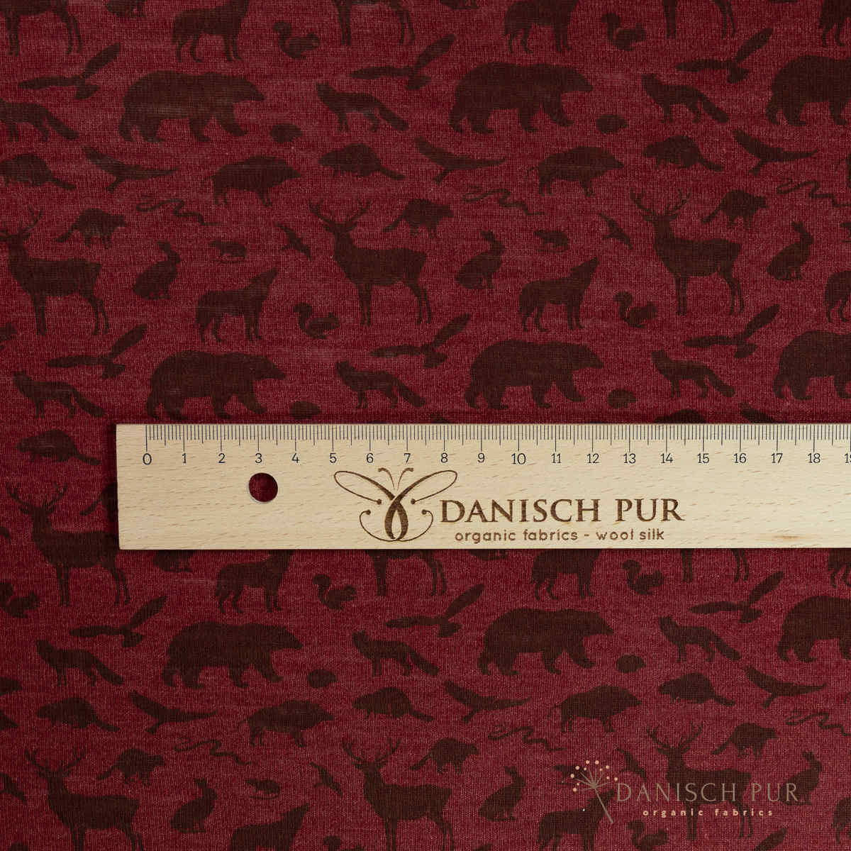 Organic wool silk forest animals on crimson (kbt, mulesing free)
