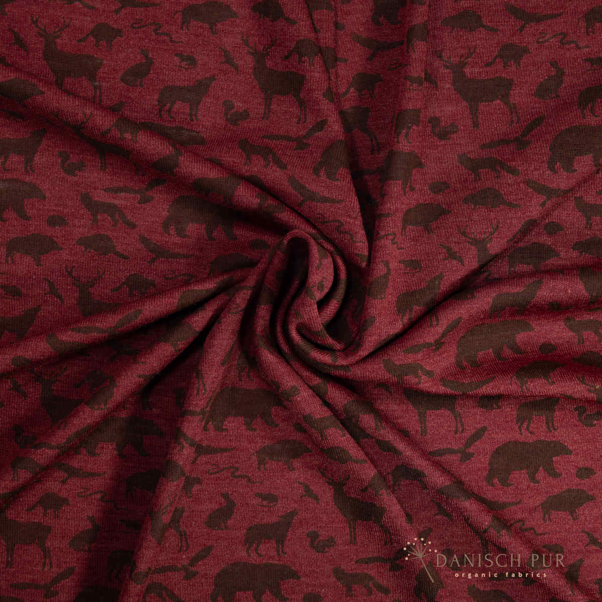 Organic wool silk forest animals on crimson (kbt, mulesing free)