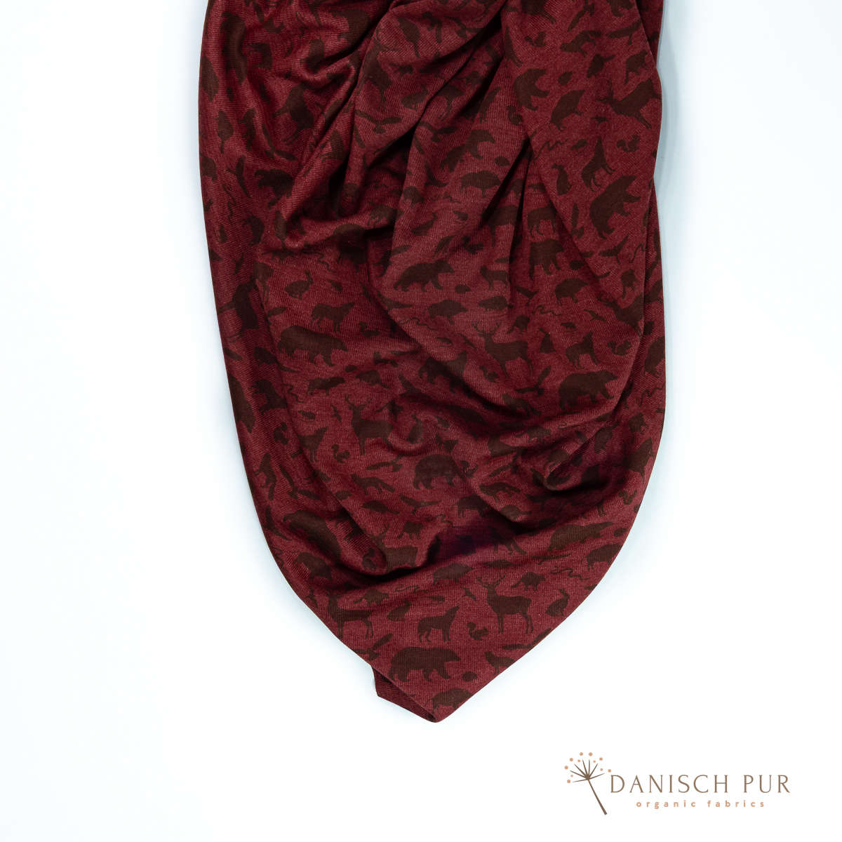 Organic wool silk forest animals on crimson (kbt, mulesing free)