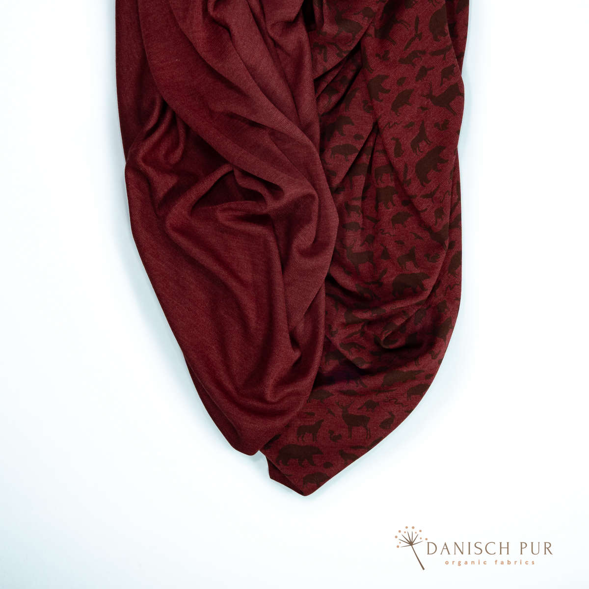 Organic wool silk forest animals on crimson (kbt, mulesing free)