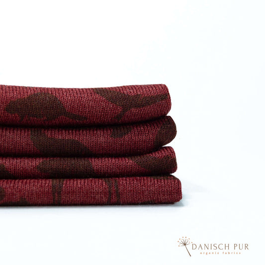 Bio Wolle Seide Waldtiere auf Karminrot (70% Schurwolle Merino, kbt, mulesingfrei, 30% Seide)