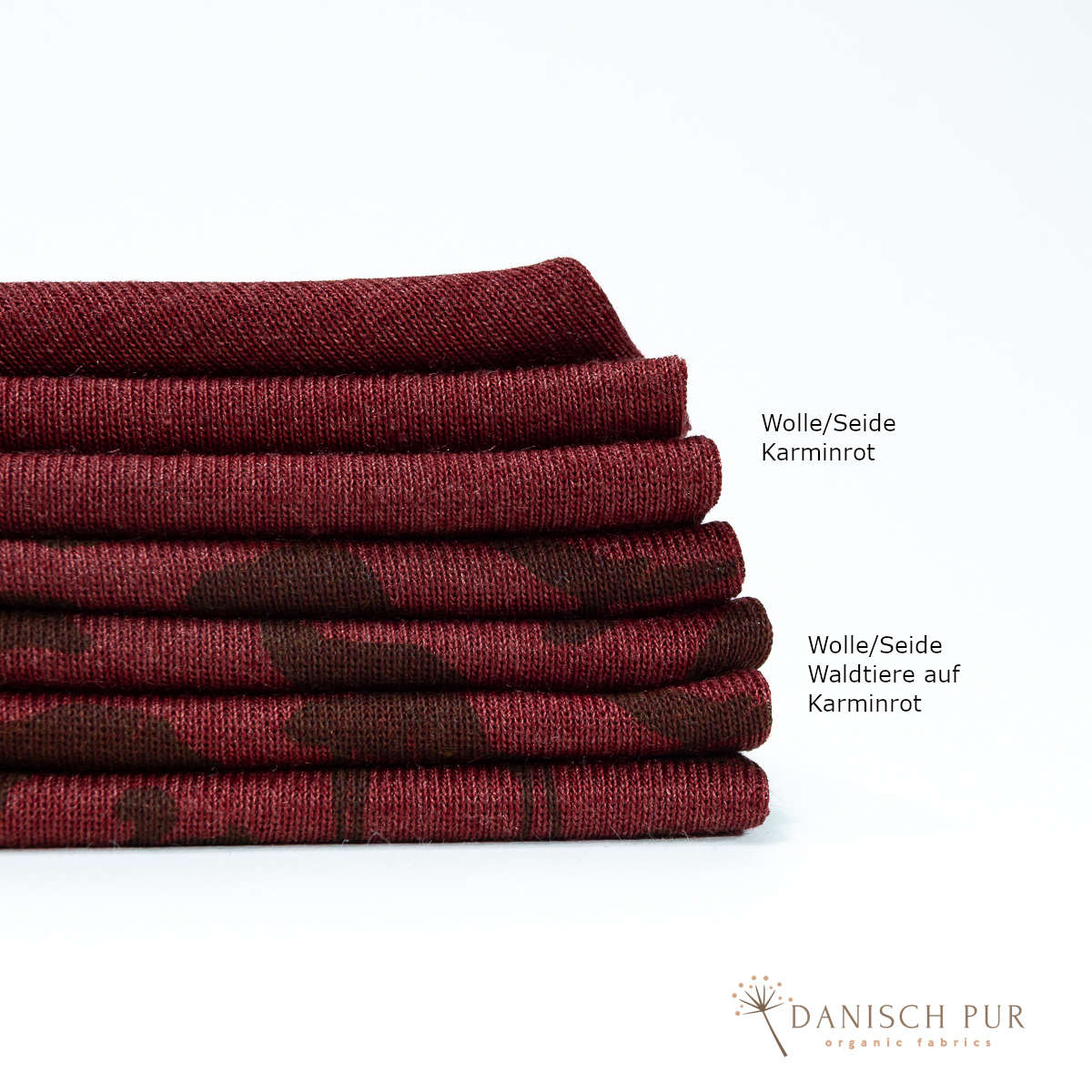 Organic wool silk forest animals on crimson (kbt, mulesing free)