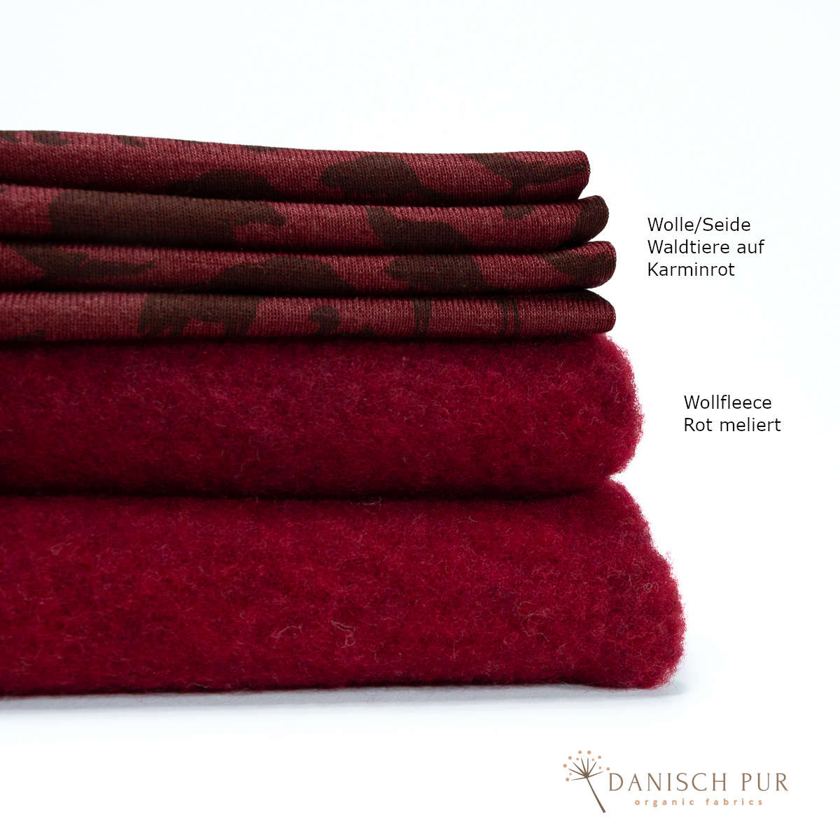 Organic wool silk forest animals on crimson (kbt, mulesing free)