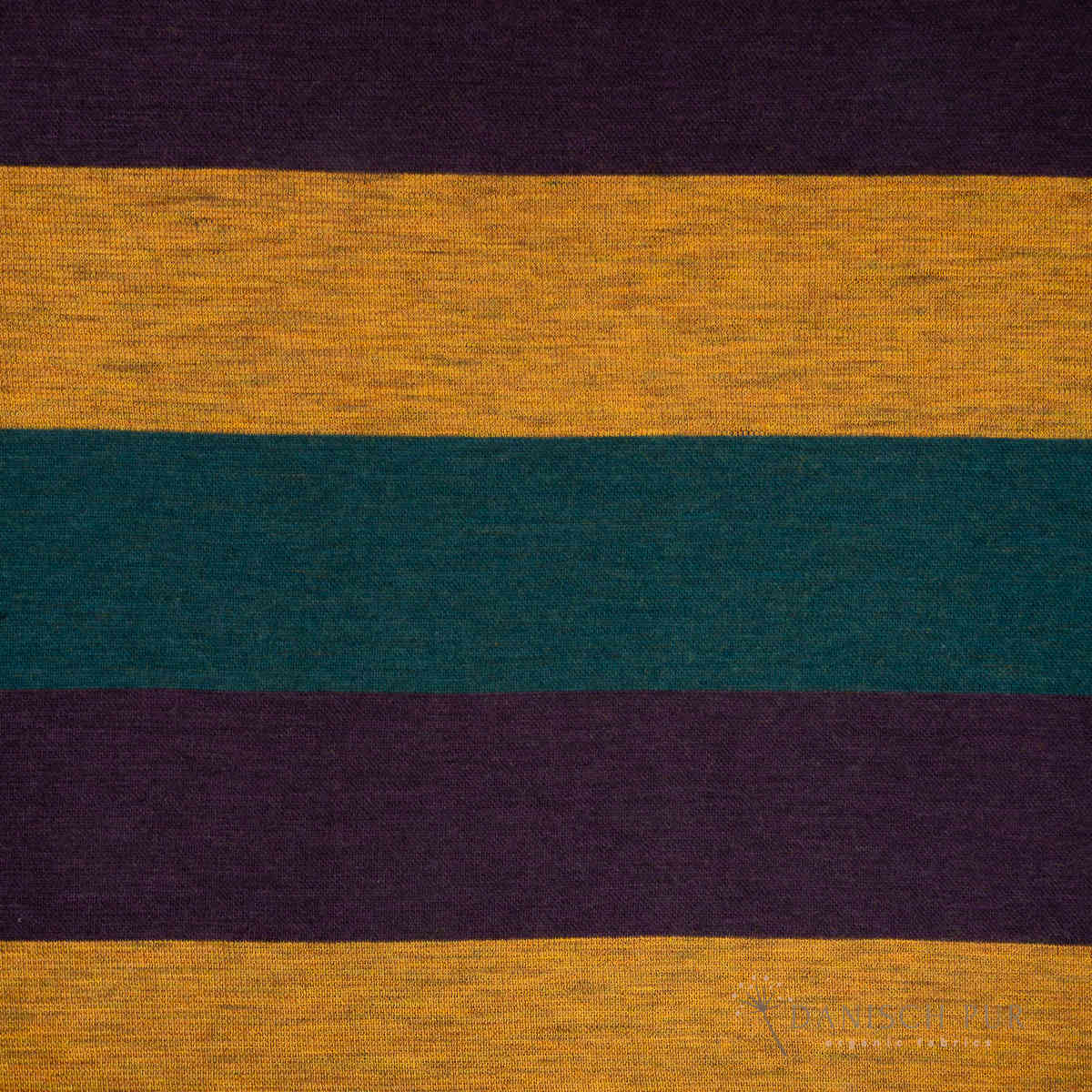 Coupon 120cm Bio Wolljersey Blockstreifen Jacquard Aubergine-Gold-Petrol meliert (100% Schurwolle, Merino, kbt, mulesingfrei)