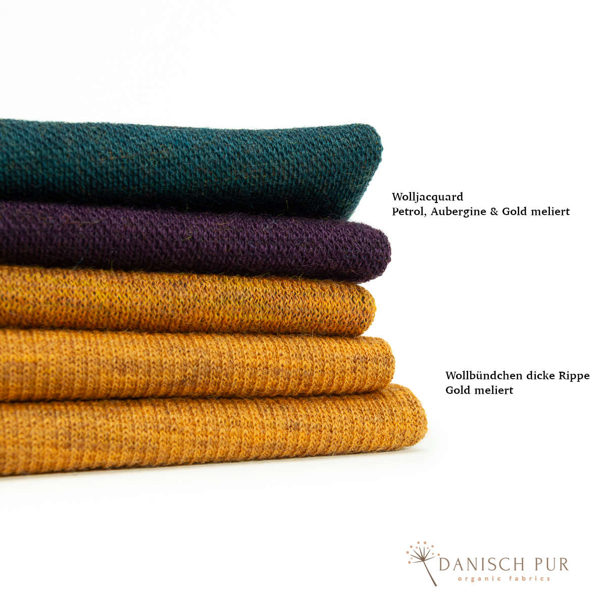 Coupon 120cm Bio Wolljersey Blockstreifen Jacquard Aubergine-Gold-Petrol meliert (100% Schurwolle, Merino, kbt, mulesingfrei)