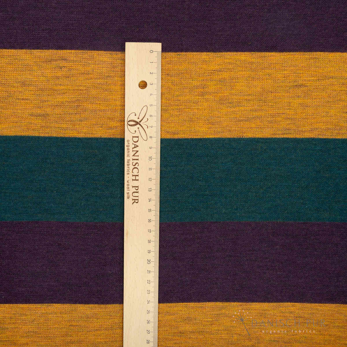 Coupon 120cm Bio Wolljersey Blockstreifen Jacquard Aubergine-Gold-Petrol meliert (100% Schurwolle, Merino, kbt, mulesingfrei)