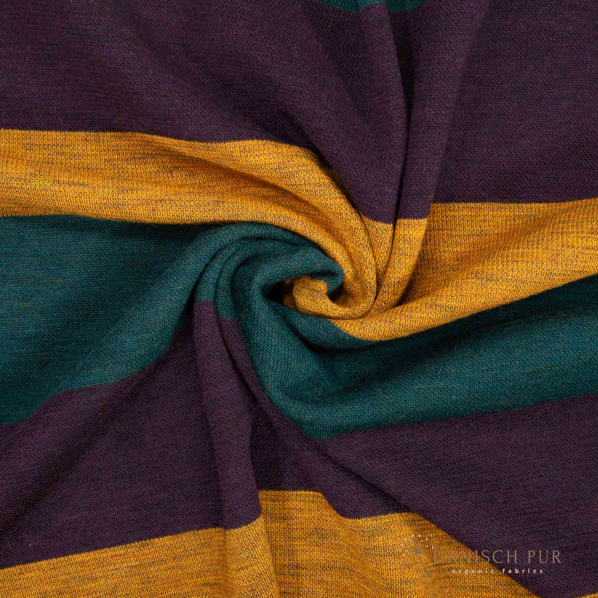 Coupon 120cm Bio Wolljersey Blockstreifen Jacquard Aubergine-Gold-Petrol meliert (100% Schurwolle, Merino, kbt, mulesingfrei)
