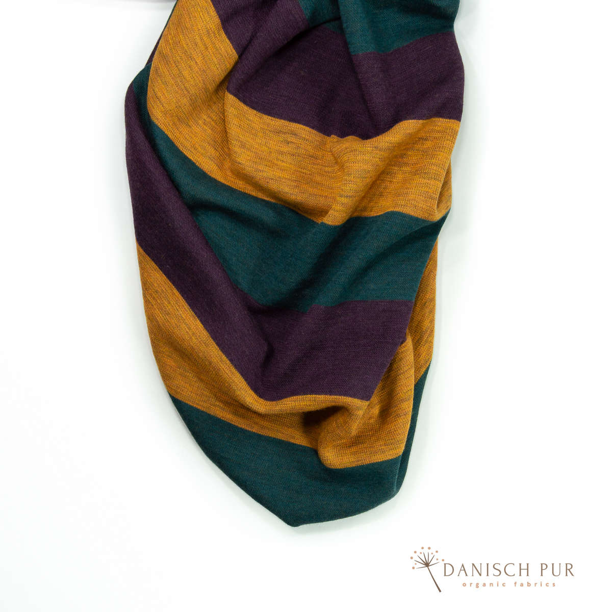Coupon 120cm Bio Wolljersey Blockstreifen Jacquard Aubergine-Gold-Petrol meliert (100% Schurwolle, Merino, kbt, mulesingfrei)