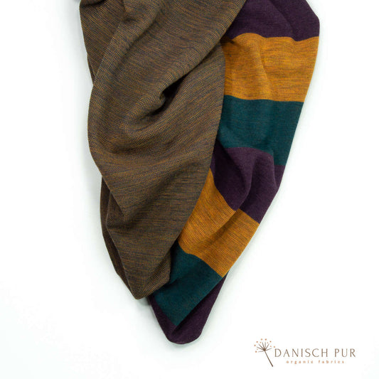 Coupon 120cm Bio Wolljersey Blockstreifen Jacquard Aubergine-Gold-Petrol meliert (100% Schurwolle, Merino, kbt, mulesingfrei)