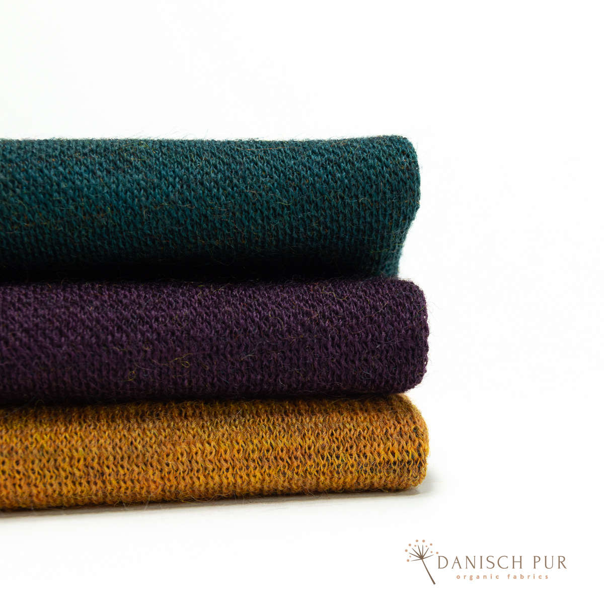 Coupon 120cm Bio Wolljersey Blockstreifen Jacquard Aubergine-Gold-Petrol meliert (100% Schurwolle, Merino, kbt, mulesingfrei)