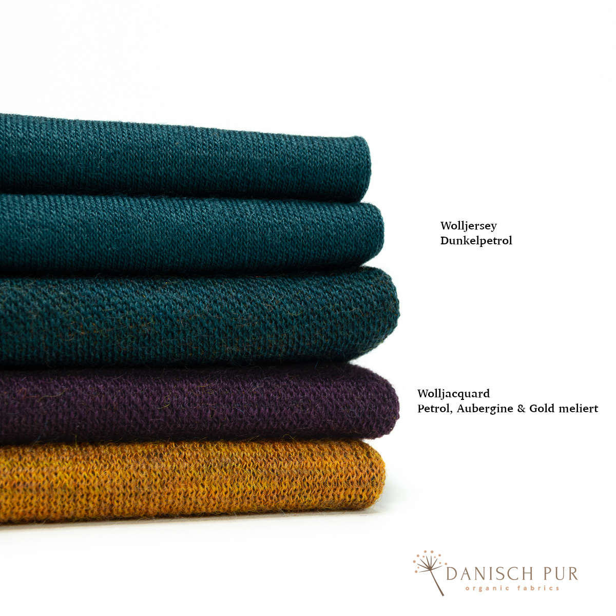 Coupon 120cm Bio Wolljersey Blockstreifen Jacquard Aubergine-Gold-Petrol meliert (100% Schurwolle, Merino, kbt, mulesingfrei)