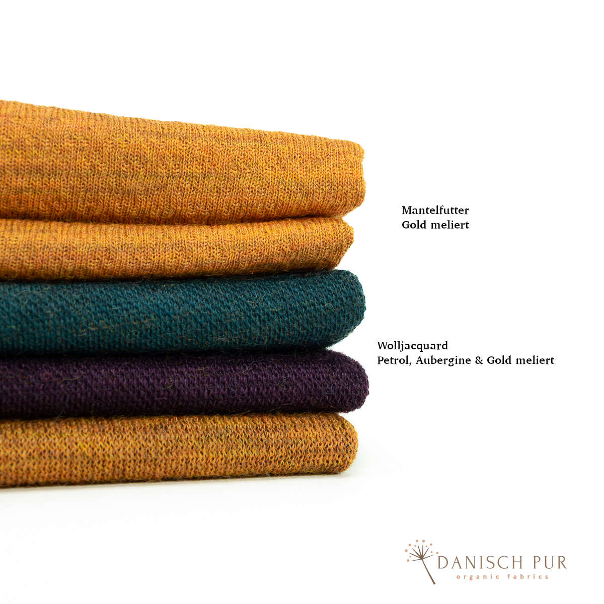 Coupon 120cm Bio Wolljersey Blockstreifen Jacquard Aubergine-Gold-Petrol meliert (100% Schurwolle, Merino, kbt, mulesingfrei)