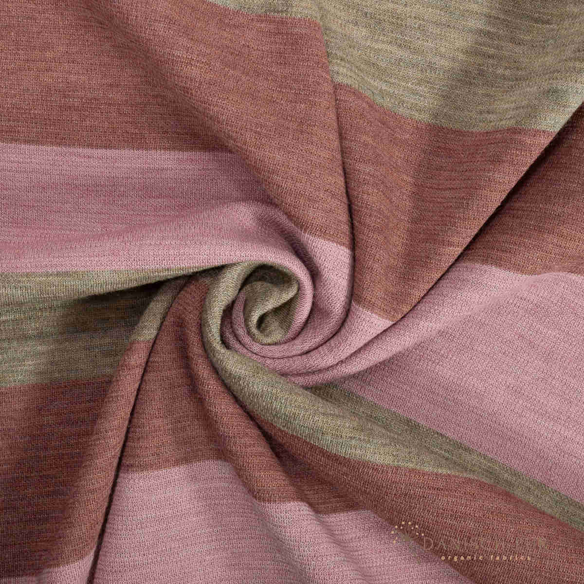Organic wool jersey block stripe jacquard black-aubergine-gold-petrol melange (100% virgin wool, Merino, organic, mulesing-free)