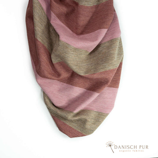 Organic wool jersey block stripe jacquard black-aubergine-gold-petrol melange (100% virgin wool, Merino, organic, mulesing-free)
