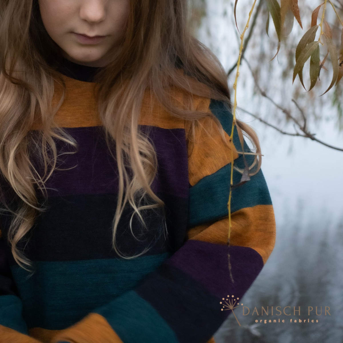 Coupon 100cm Bio Wolljersey Blockstreifen Jacquard Schwarz-Aubergine-Gold-Petrol meliert (100% Schurwolle, Merino, kbt, mulesingfrei)