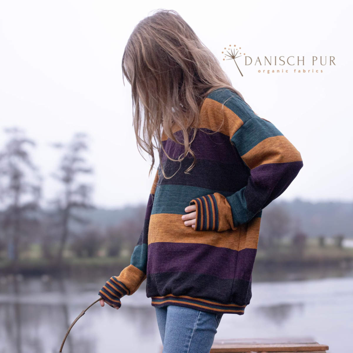Coupon 100cm Bio Wolljersey Blockstreifen Jacquard Schwarz-Aubergine-Gold-Petrol meliert (100% Schurwolle, Merino, kbt, mulesingfrei)